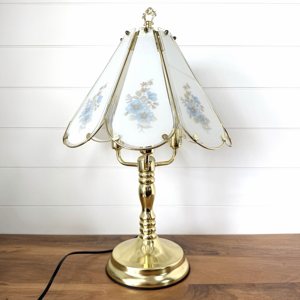 Vtg 3 Way Touch Lamp Brass Floral Glass Panel 90's Y2K Cottagecore Retro WORKS